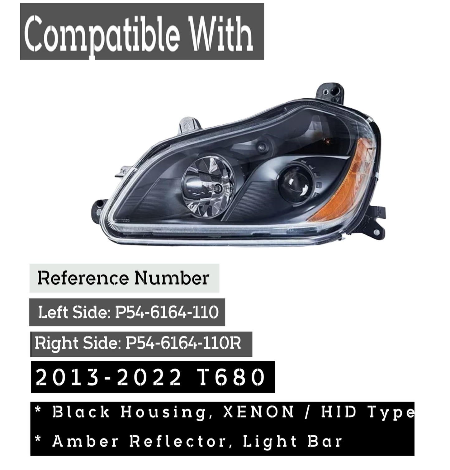 Halogen Headlight for Kenworth T680 2013-2021, Black House Headlamp Left Driver / Right Passenger Side