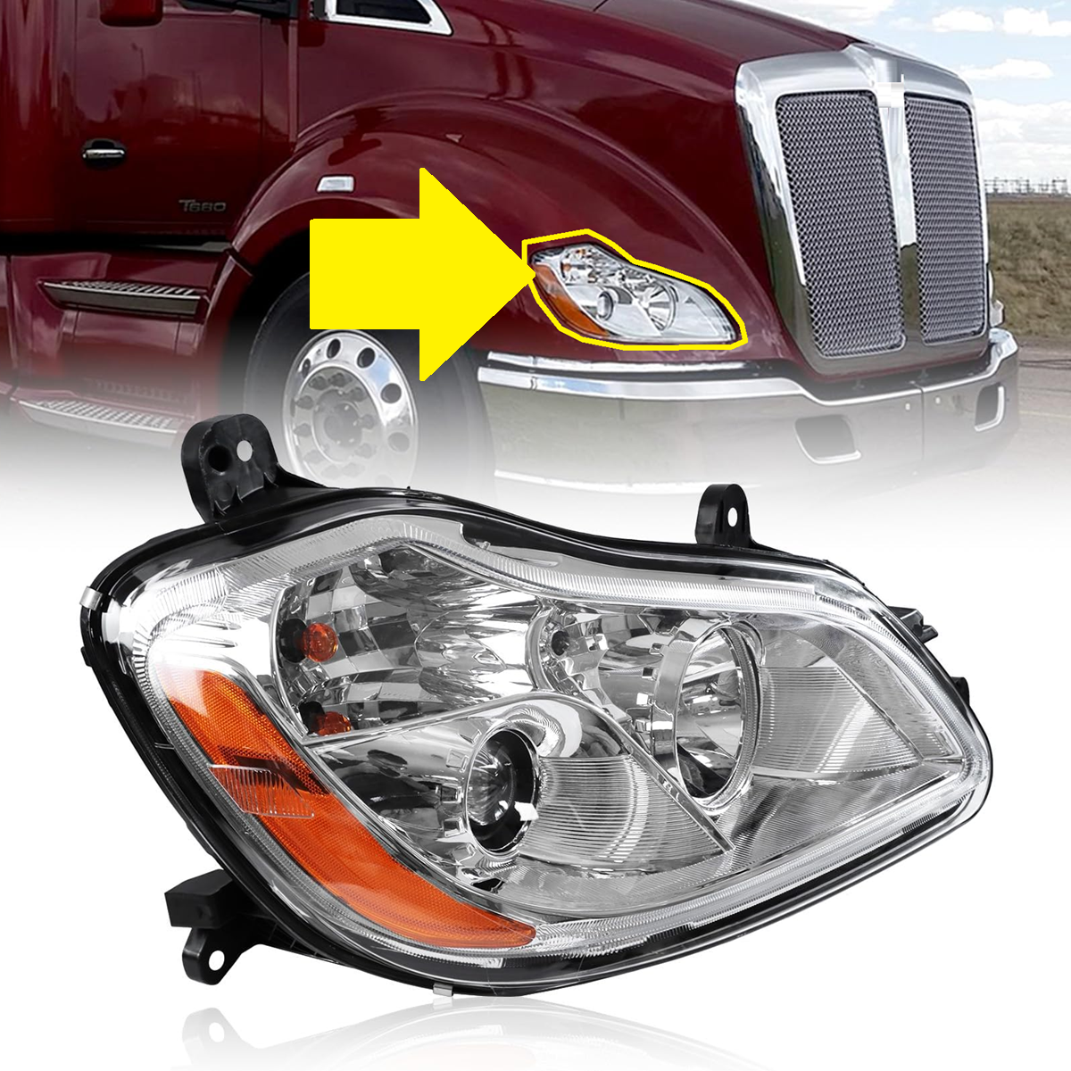 Kenworth T680 2013-2021 Chrome Headlight, Halogen Headlamp P54-6103-11000
