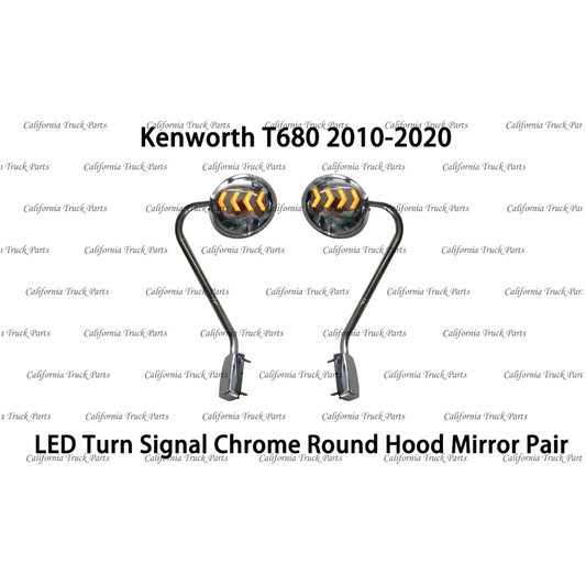 Kenworth T680 LED Turn Signal Chrome Round Hood Mirror Pair 2010-2020