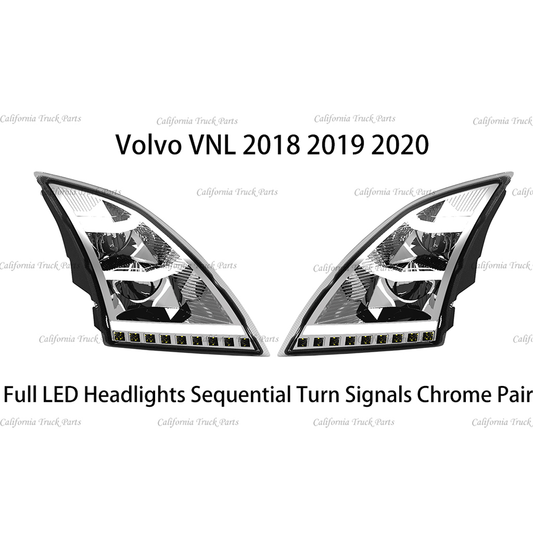 Volvo VNL Full LED Headlights Sequential Turn Signals Chrome/Black Pair For 2018+