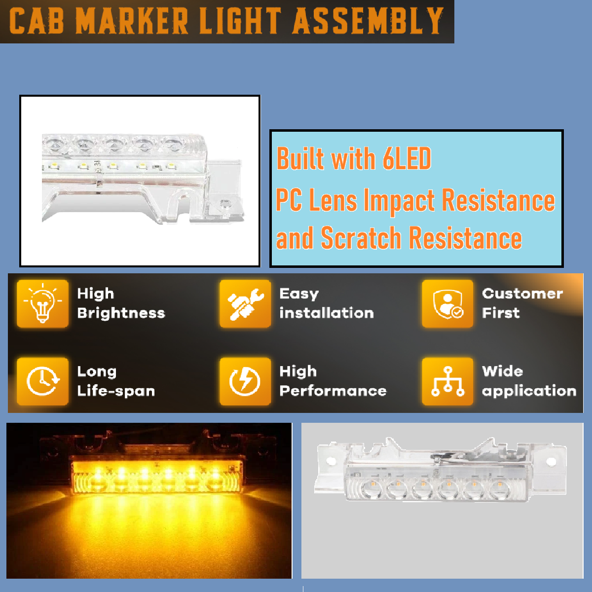 Amber 6LED Cab Roof Top Clearance Light Assembly Clear Lens Marker Running Lamps for Volvo 2004 VN/2003-2020 VNL Trucks