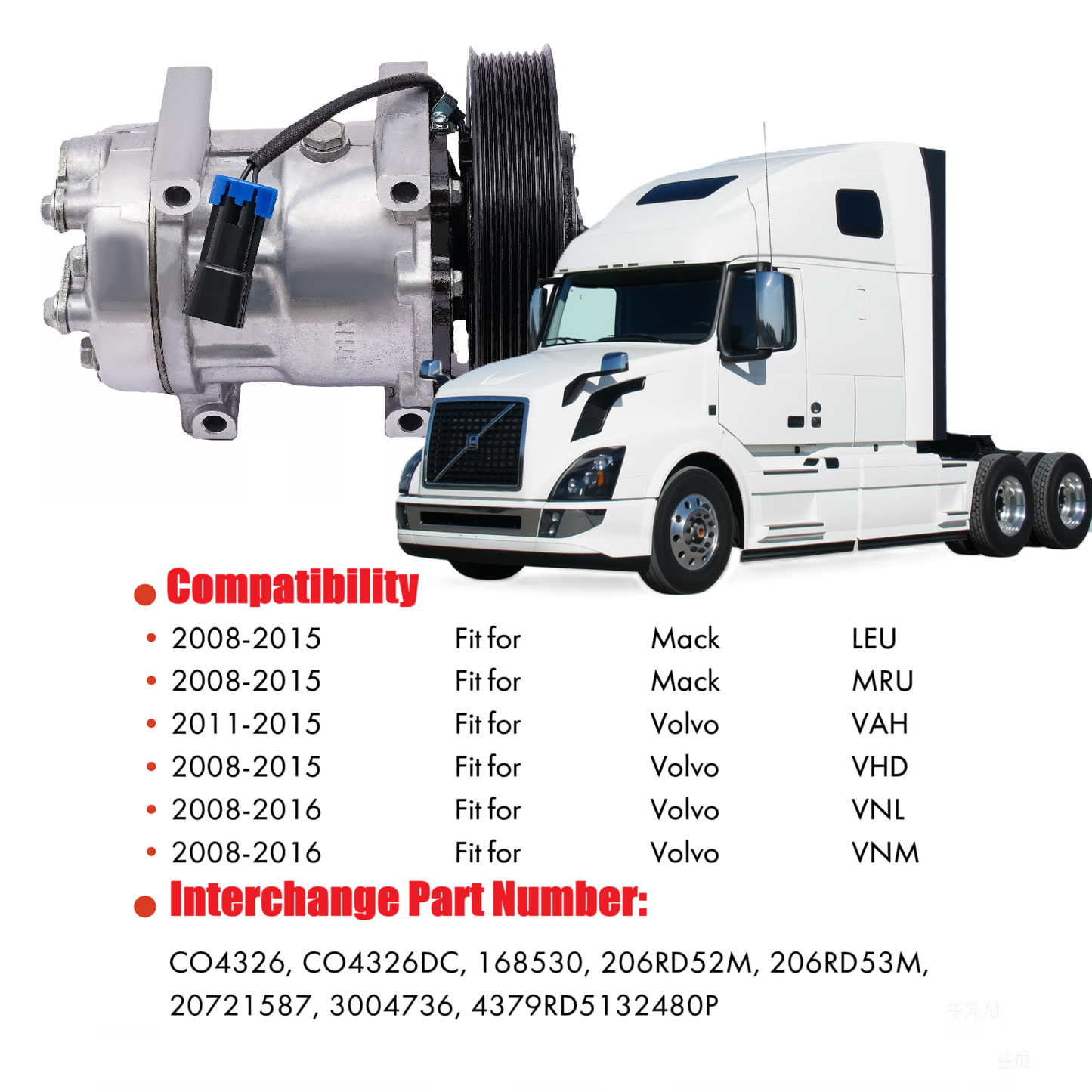 AC Compressor Air Conditioner Compressor for Volvo VNL/VNM/VAH/VHD 2008-2016 & Mack Granite CHU/CXU - Replaces 20721587