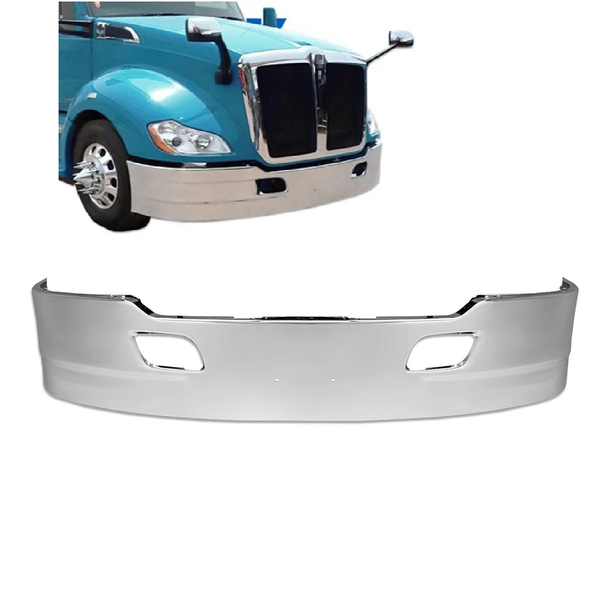 17-Inch Aero Style Chrome Front Bumper without Radar Cutout for Kenworth T680 2013–2021