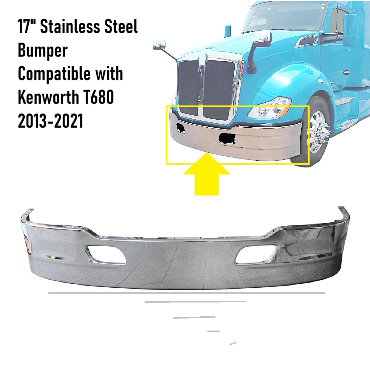17-Inch Aero Style Chrome Front Bumper without Radar Cutout for Kenworth T680 2013–2021