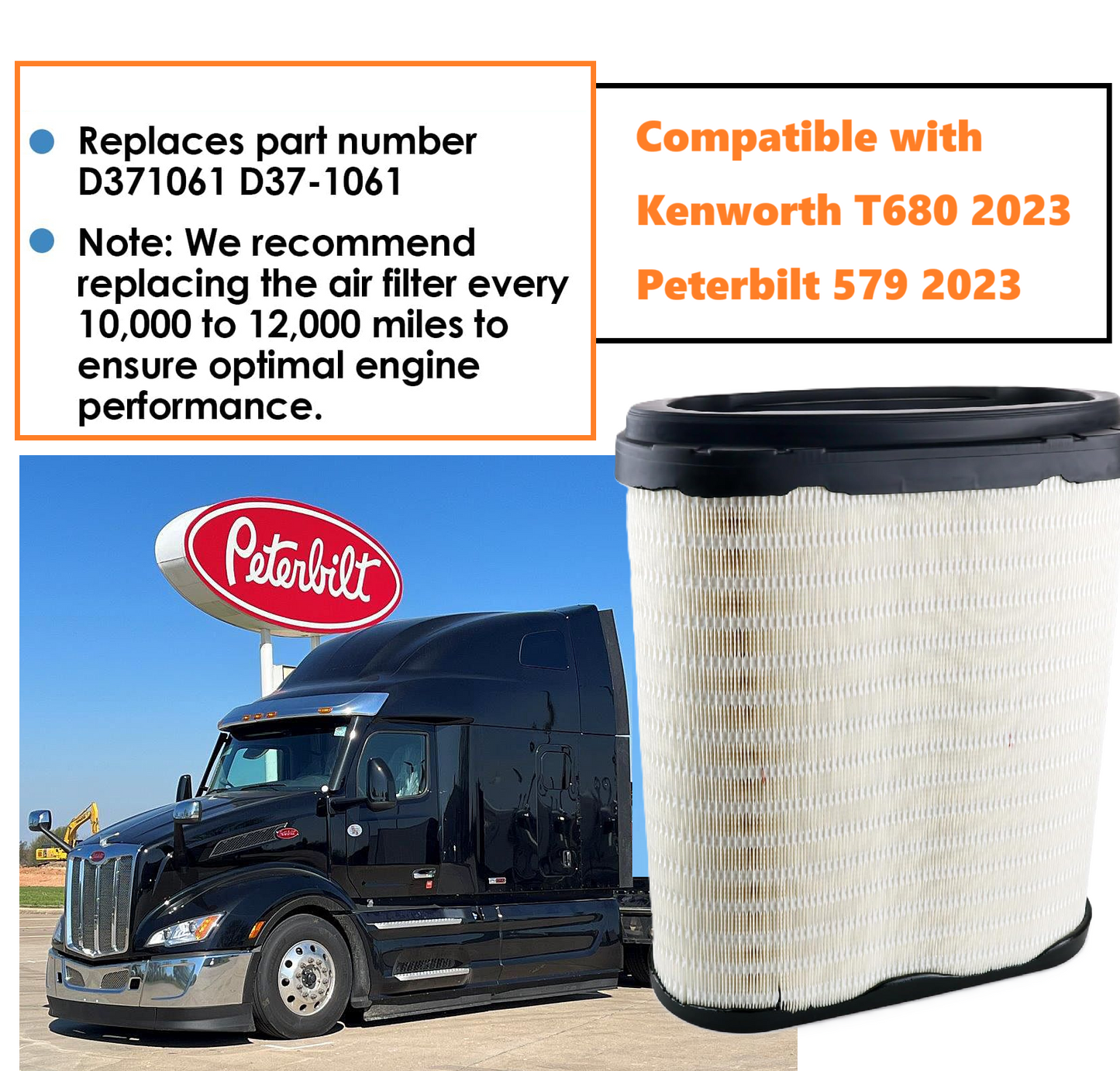 Engine Air Filter Compatible with Kenworth T680 2023, Peterbilt 579 2023 | Replace D371061 D37-1061