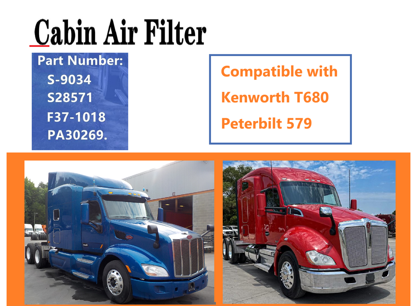 Cabin Air Filter for Kenworth T680 Peterbilt 579 | Replaces F37-1018 PA30269