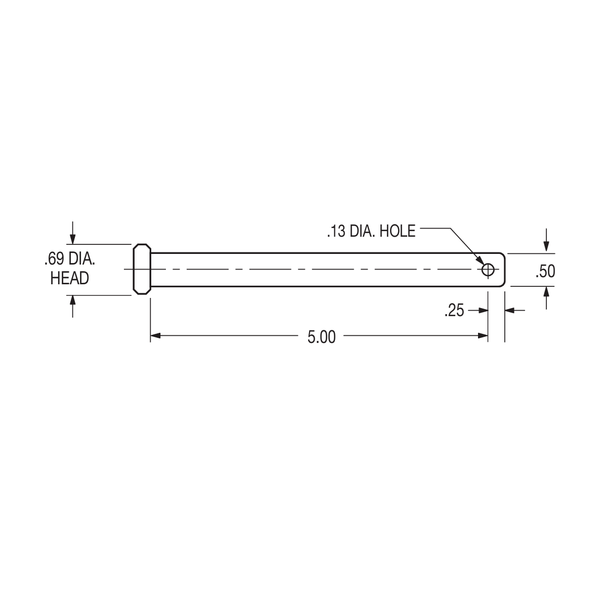 Hinge Pin with End Hole for Cotter Pin (φ0.49" x 5.22"), Replaces  FLE997-98017 HP1631, Fruehauf & Miner Style, Galvanized Carbon Steel