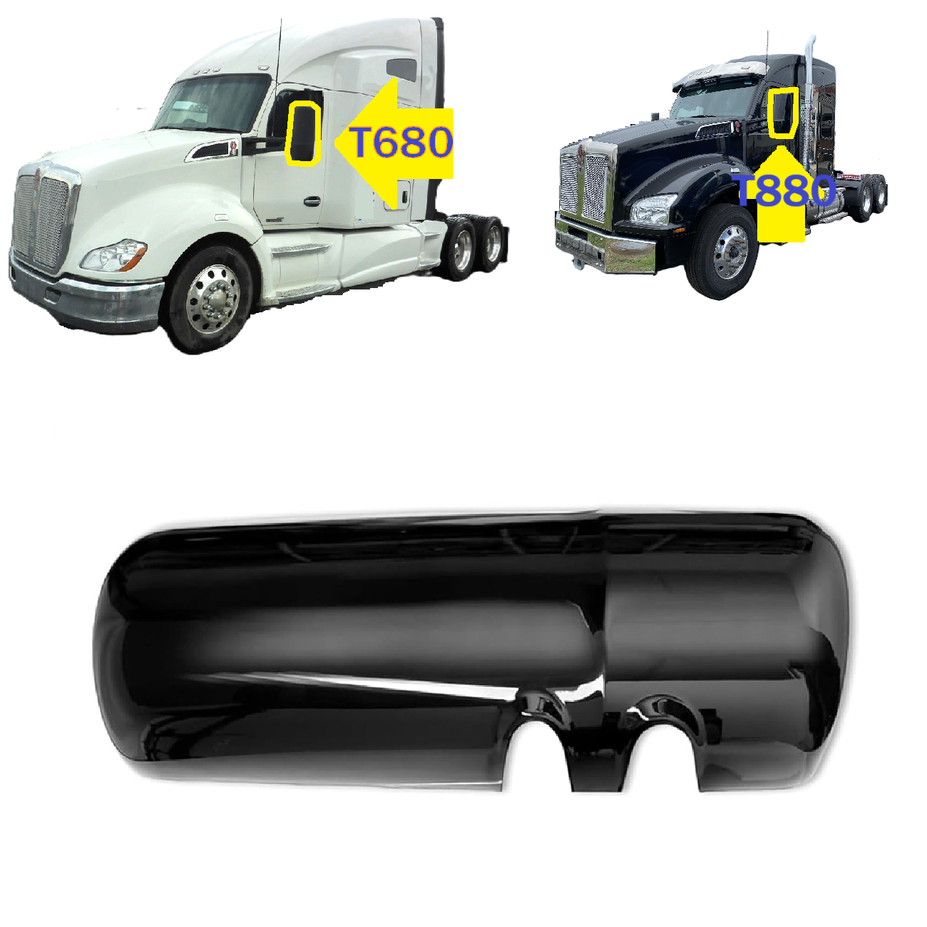 Chrome / Black Door Mirror Cover Replacement for Kenworth T680 / T880 – Driver (Left) / Passenger (Right) Side