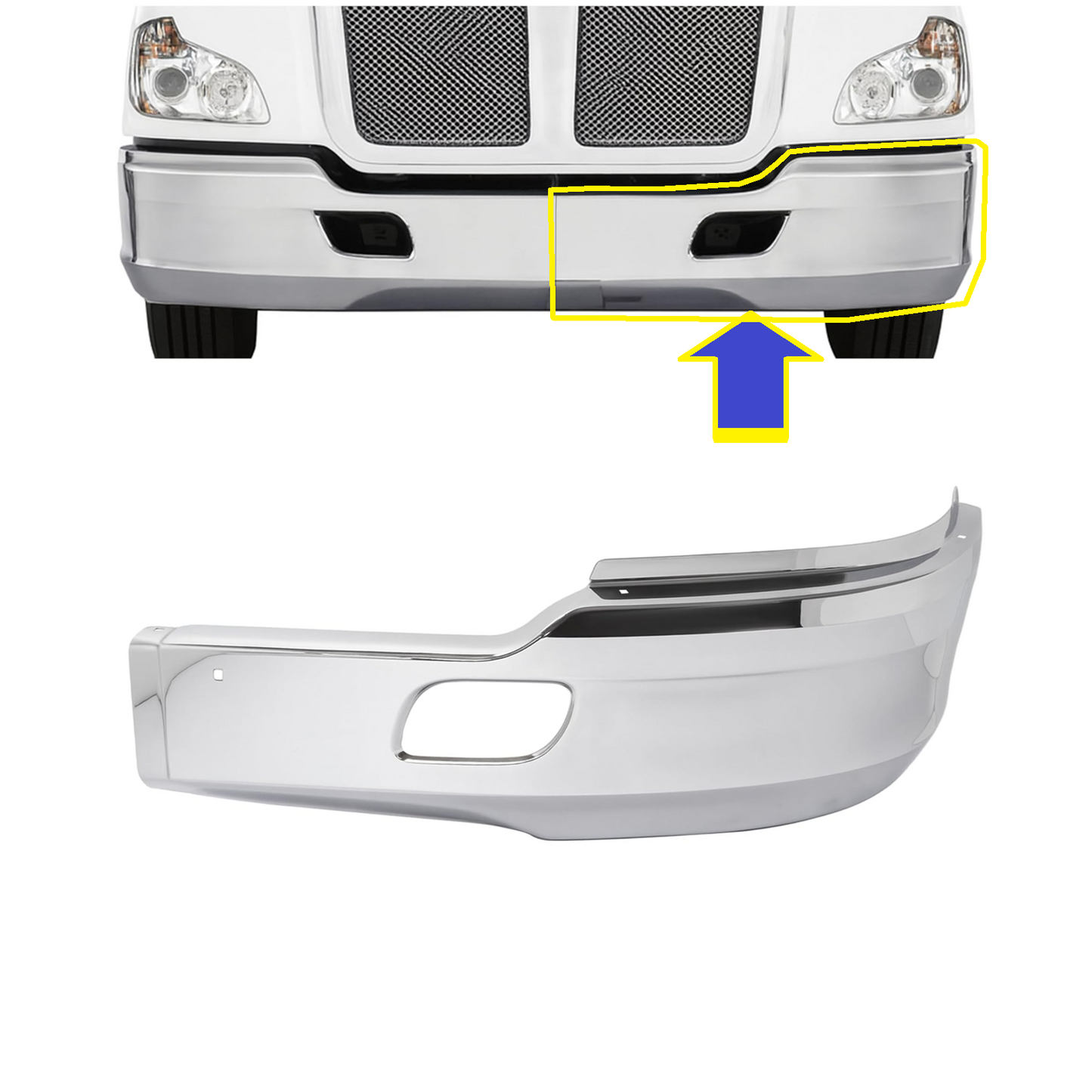 Black/ Chrome Front Bumper without Fog Light Hole for 2011-2021 Kenworth T680 Driver (LEFT) / Passenger (RIGHT) Side