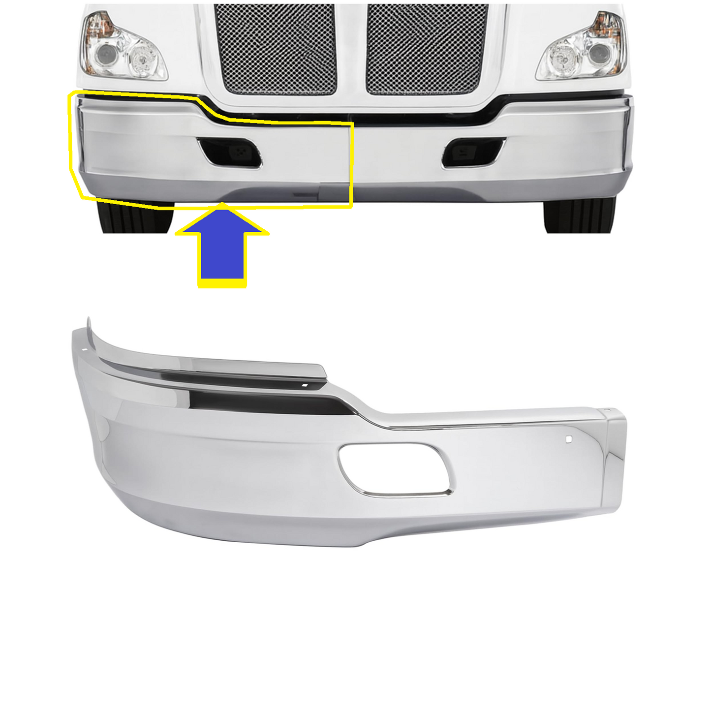 Black/ Chrome Front Bumper without Fog Light Hole for 2011-2021 Kenworth T680 Driver (LEFT) / Passenger (RIGHT) Side