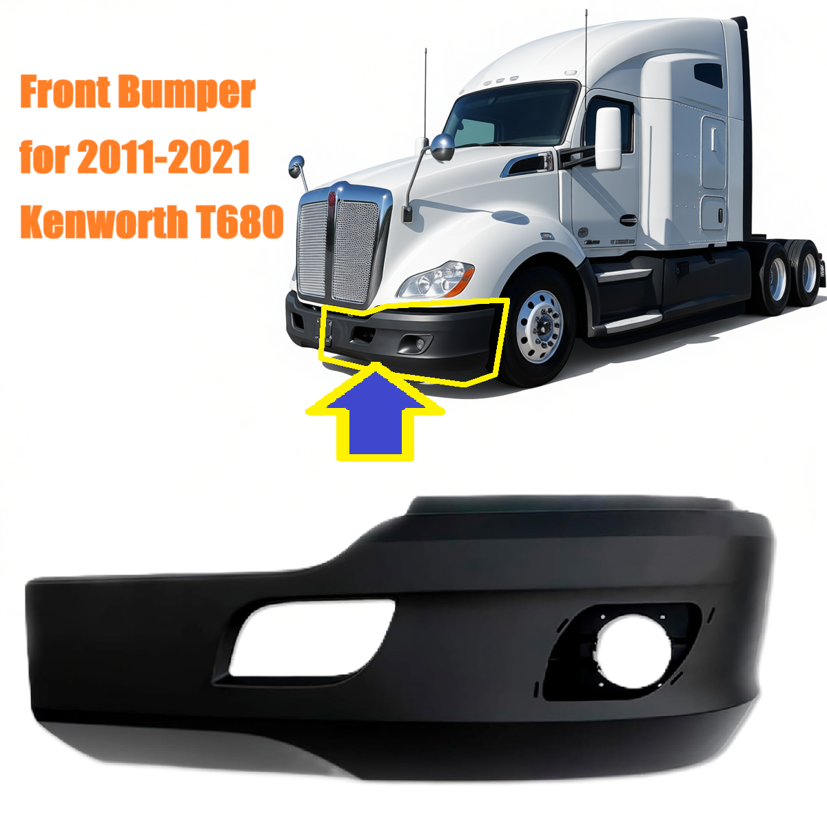 Chrome/Black Plastic Bumper with Fog Light Cutouts – Compatible with 2011–2021 Kenworth T680 Semi Truck Left Driver / Right Passenger Side