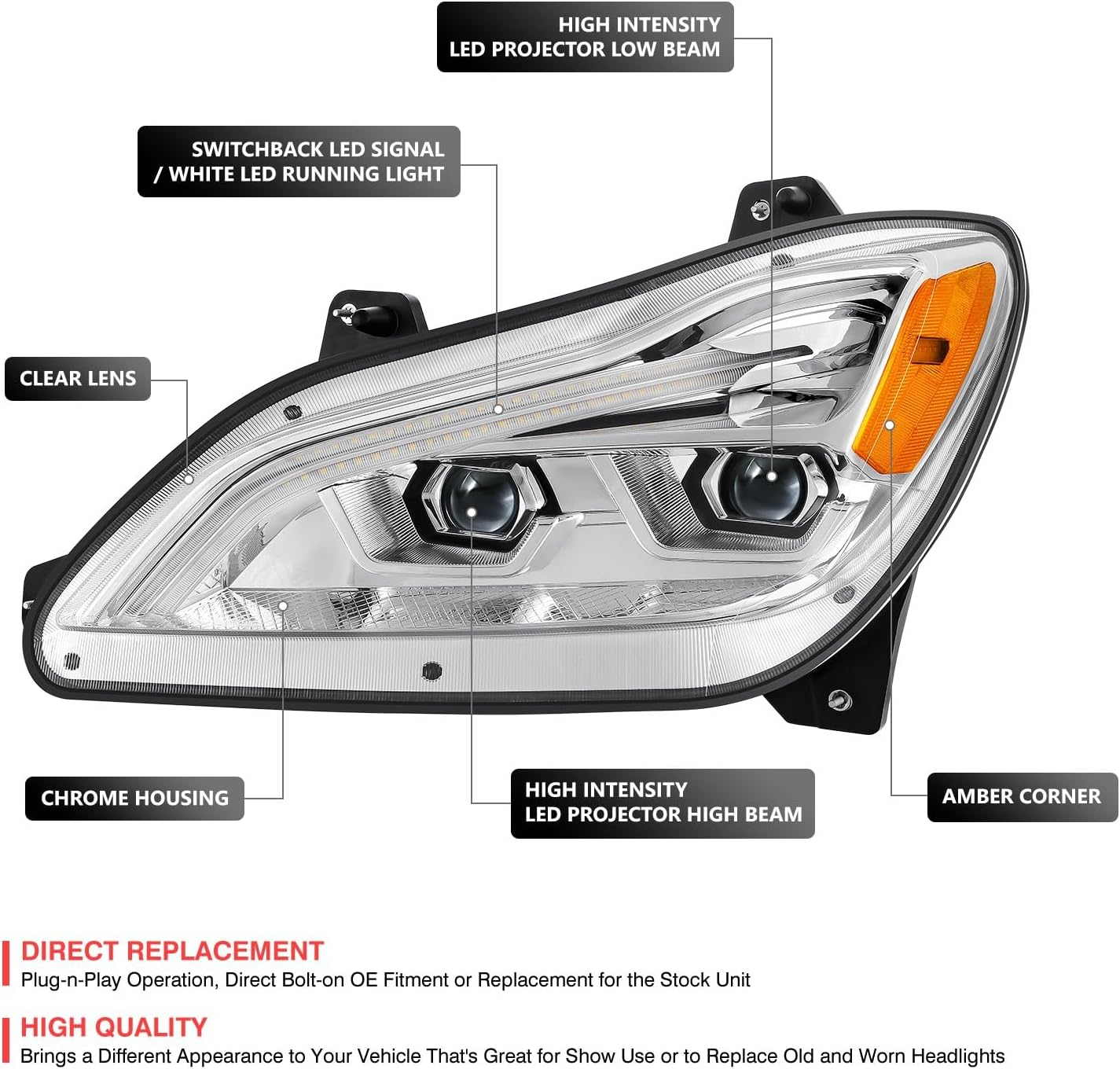 KENWORTH T680 NEXT GEN 2022-2025 LED DRL Projector Headlight with Switchback Signal Chrome