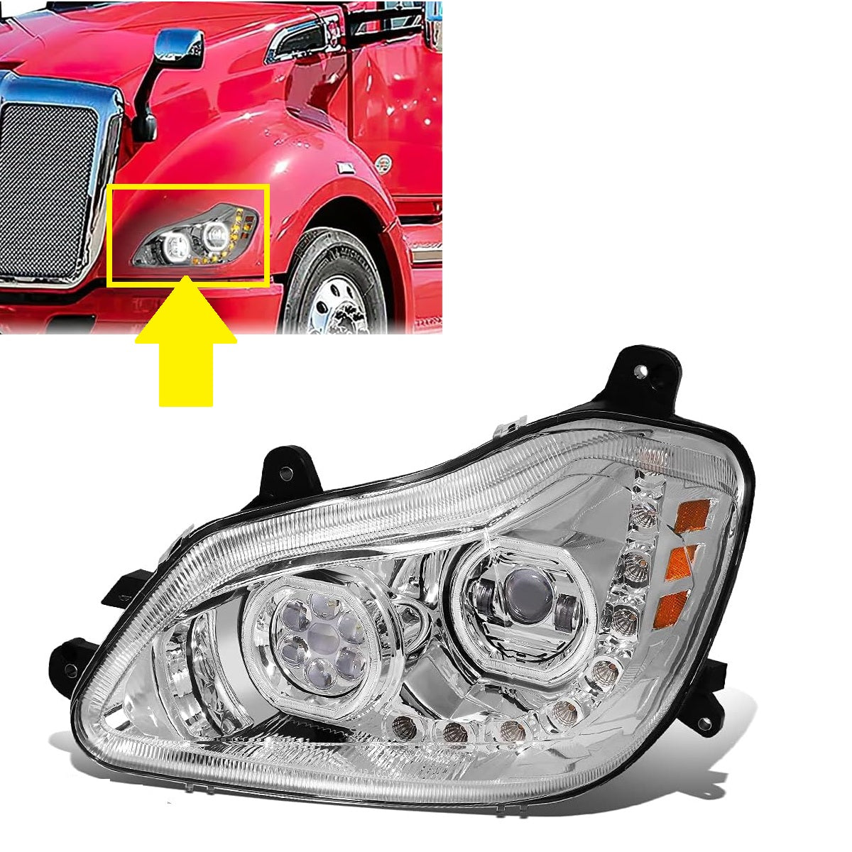 Full LED Headlights with Sequential Turn Signals for 2013-2020 Kenworth T680 Chrome/Black Pair