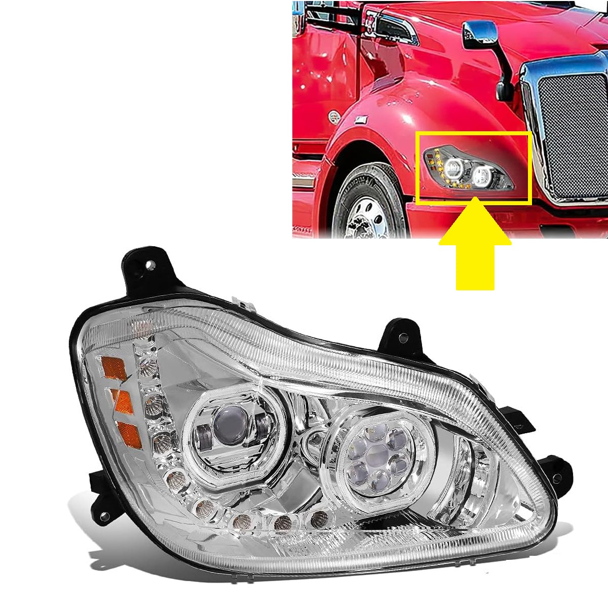 Full LED Headlights with Sequential Turn Signals for 2013-2020 Kenworth T680 Chrome/Black Pair