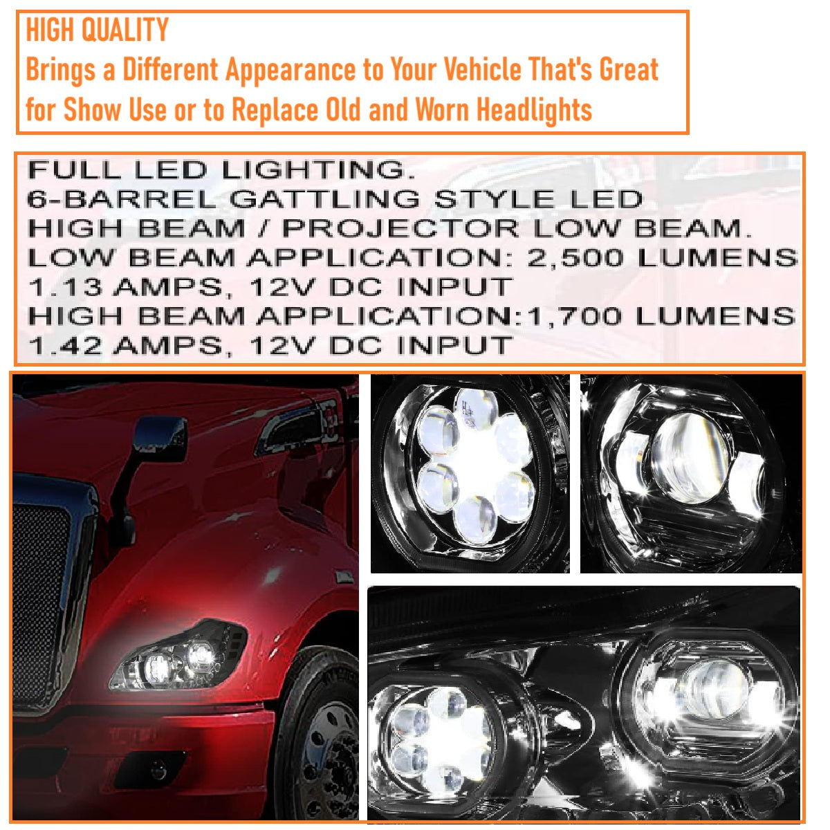 Full LED Headlights with Sequential Turn Signals for 2013-2020 Kenworth T680 Chrome/Black Pair