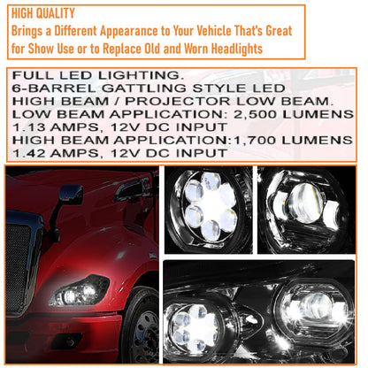 Full LED Headlights with Sequential Turn Signals for 2013-2020 Kenworth T680 Chrome/Black Pair