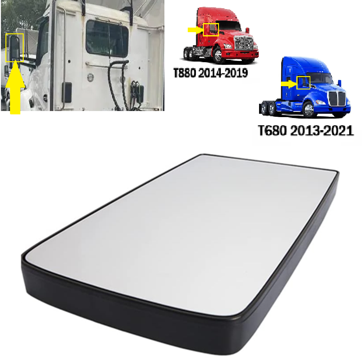 Door Mirror Main Glass - Upper Large Glass with Heated for Kenworth T680 T880 2013-2021 - Driver/Left & Passenger/Right Universal side