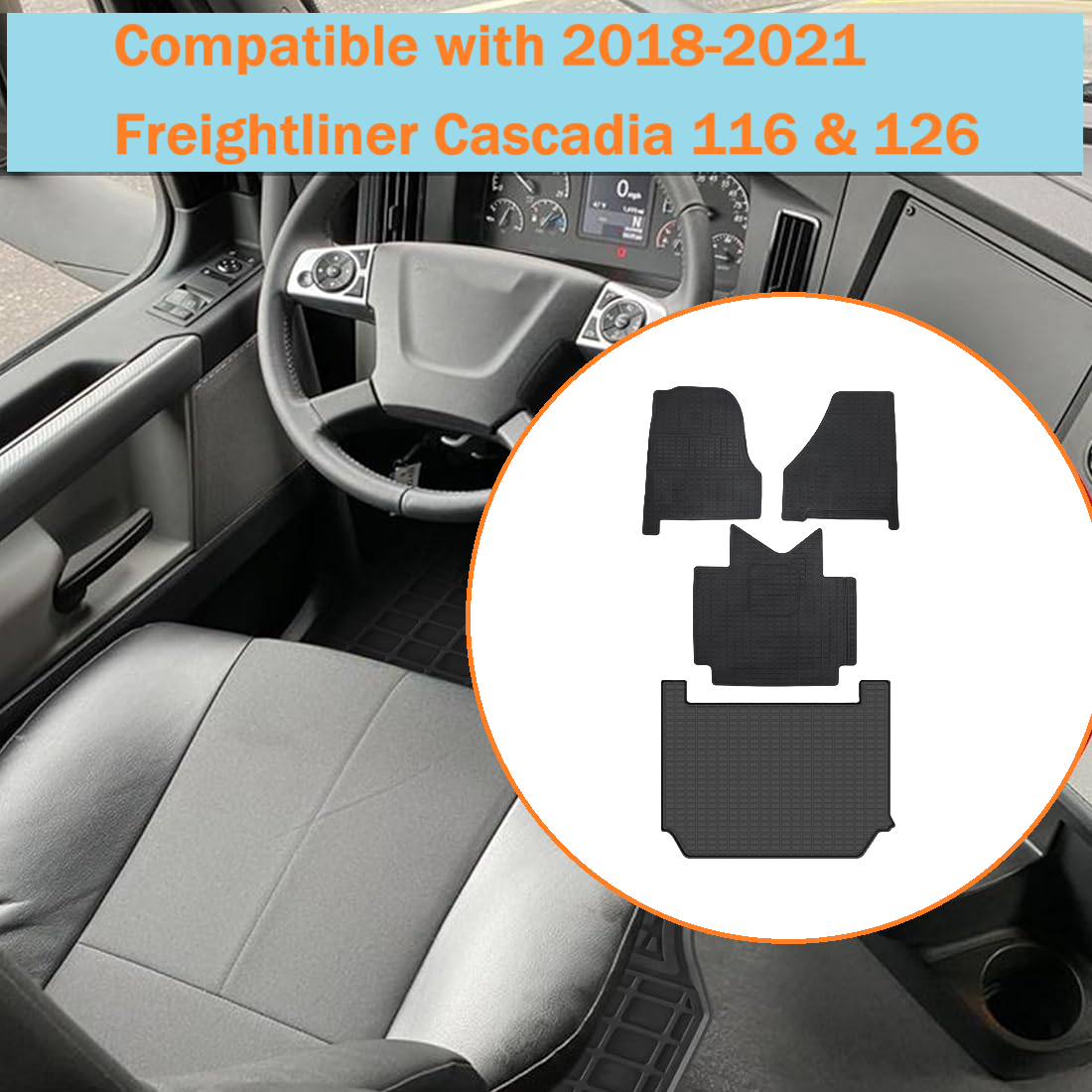 4pcs Rubber Floor Mat Liners Compatible with Freightliner Cascadia 116, 126 Automatic (2018-2021)