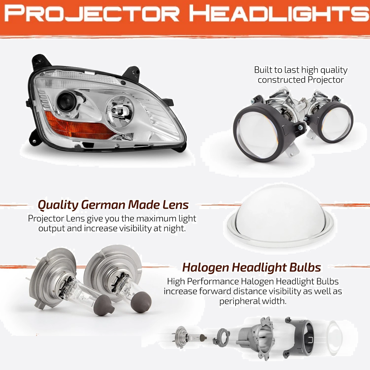 Halogen Headlight - Chrome Housing Projector Headlamp Assembly for 2011-2021 Peterbilt 579 587 Truck