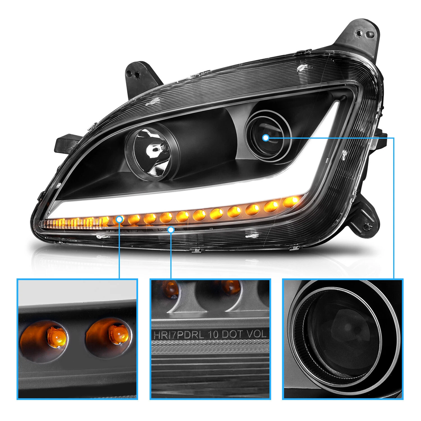 OE Style Halogen Headlight Projector w/LED Light Bar LED Turn Signal Assembly for 2011-2021 Peterbilt 579