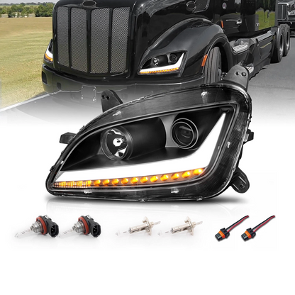 OE Style Halogen Headlight Projector w/LED Light Bar LED Turn Signal Assembly for 2011-2021 Peterbilt 579