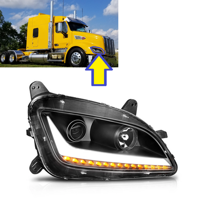 OE Style Halogen Headlight Projector w/LED Light Bar LED Turn Signal Assembly for 2011-2021 Peterbilt 579