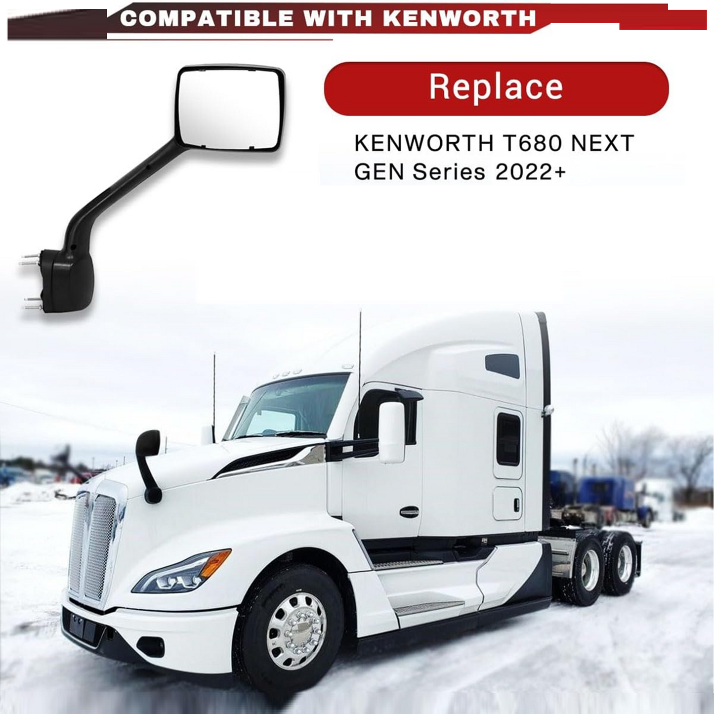 Hood Mirror for Kenworth T680 Next Gen 2022 2023 2024 | Chrome / Back Cover | Driver (Left) / Passenger (Right) Side Mirror Assembly