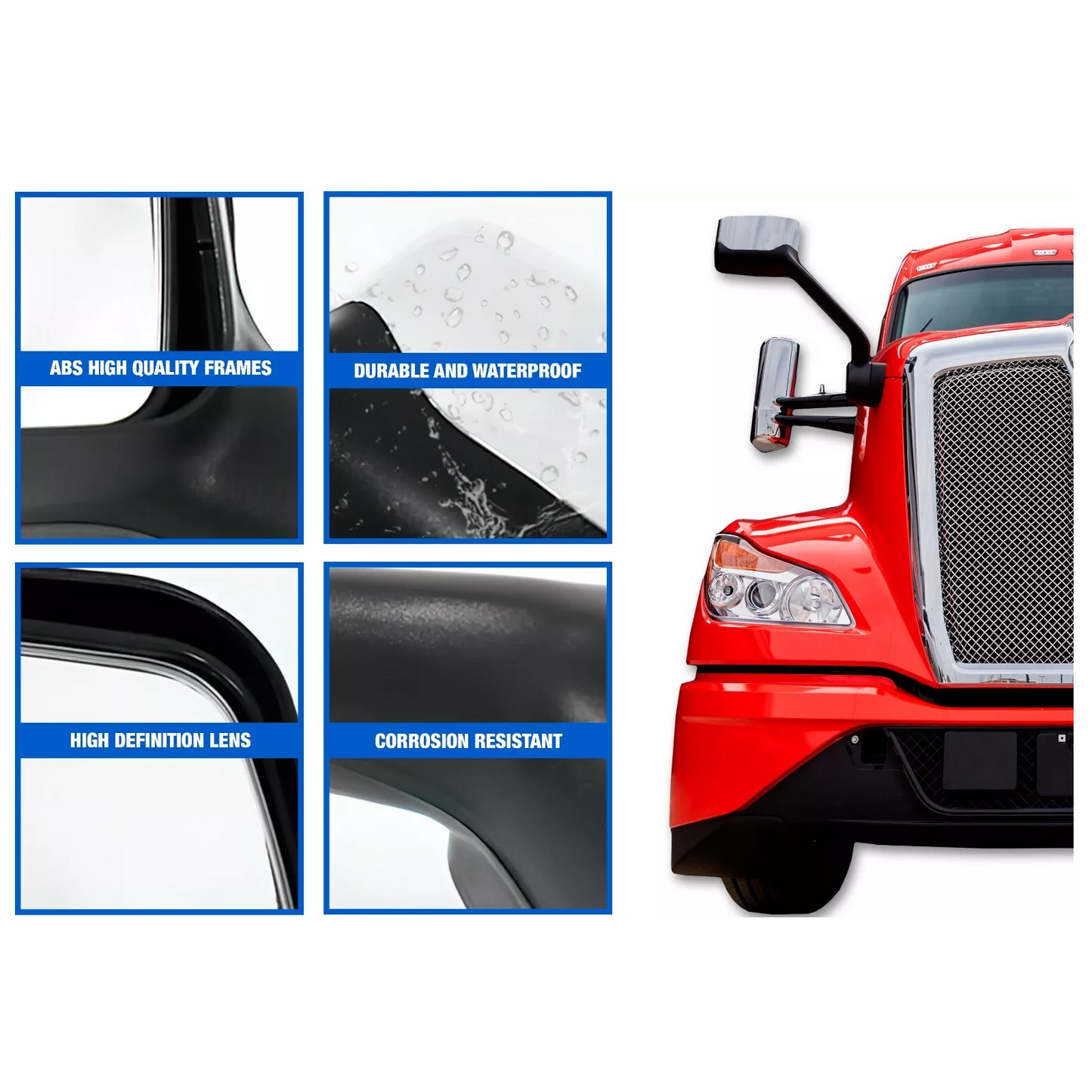 Hood Mirror for Kenworth T680 Next Gen 2022 2023 2024 | Chrome / Back Cover | Driver (Left) / Passenger (Right) Side Mirror Assembly