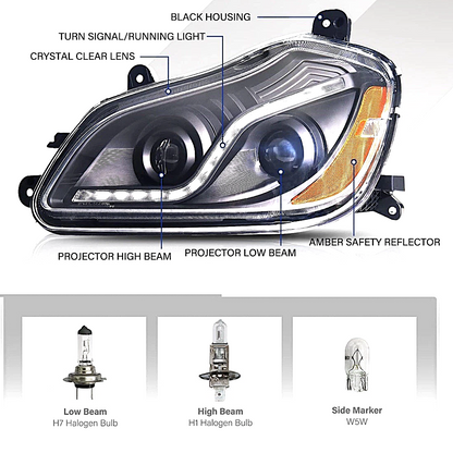 Headlight Assembly for Kenworth T680 2013–2021 with LED Light Bar and Projector Headlights – Driver Side (Left) & Passenger Side (Right) – Black/Chrome