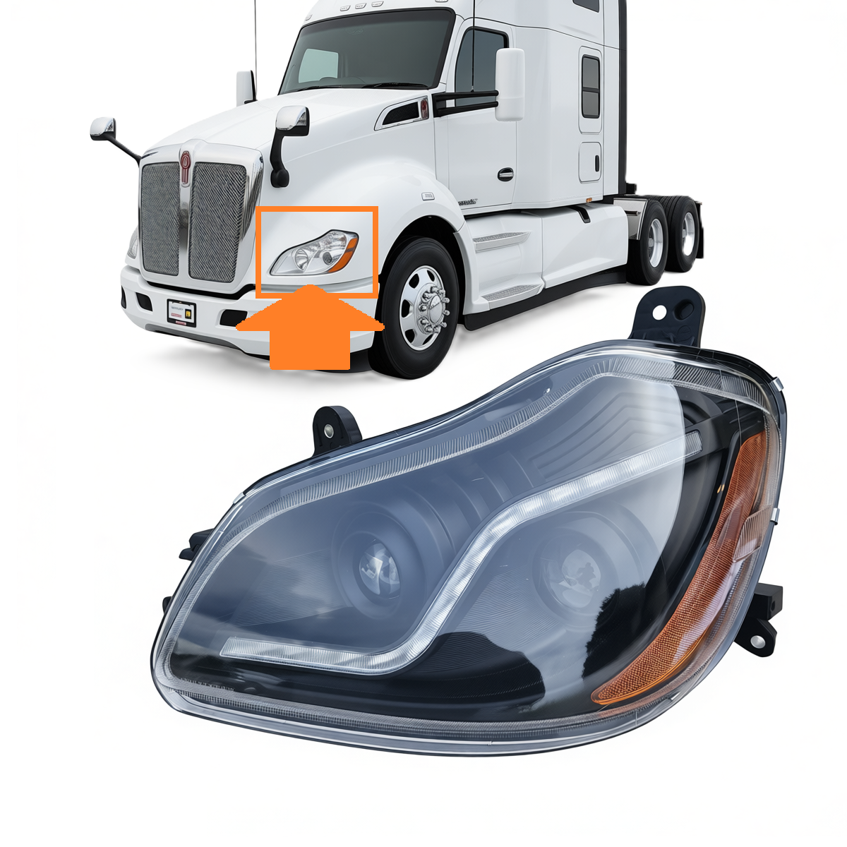 Headlight Assembly for Kenworth T680 2013–2021 with LED Light Bar and Projector Headlights – Driver Side (Left) & Passenger Side (Right) – Black/Chrome