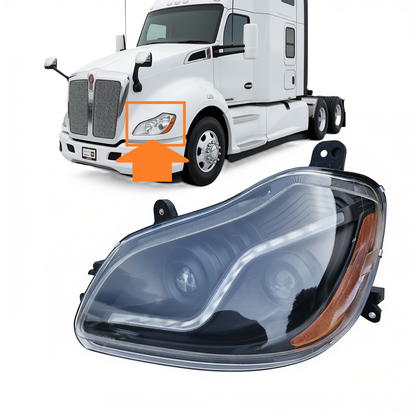 Headlight Assembly for Kenworth T680 2013–2021 with LED Light Bar and Projector Headlights – Driver Side (Left) & Passenger Side (Right) – Black/Chrome