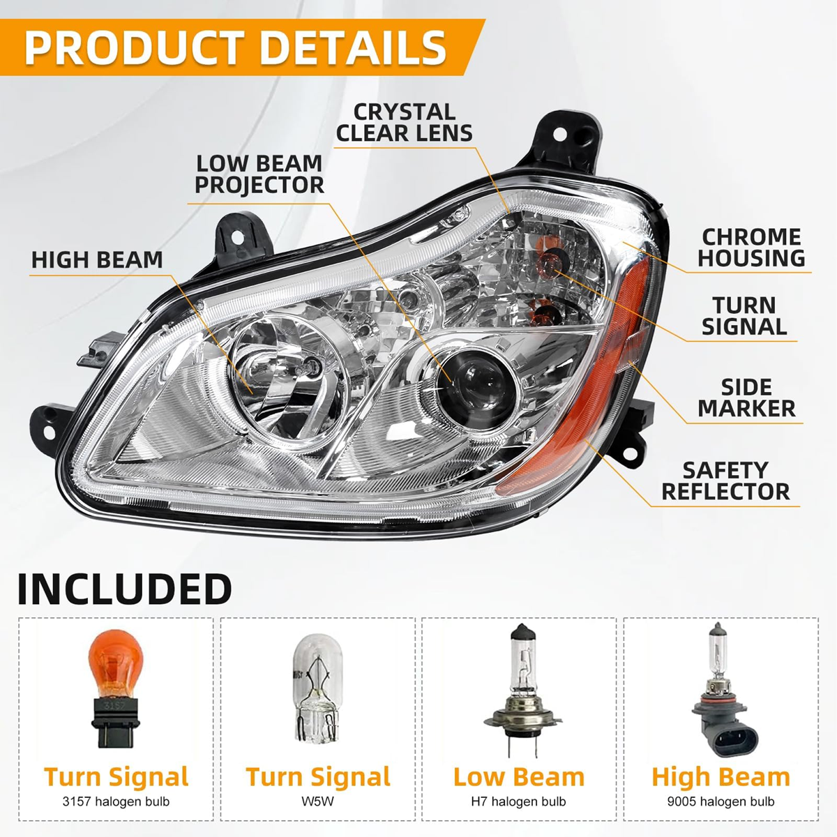 Kenworth T680 2013-2021 Chrome Headlight, Halogen Headlamp P54-6103-11000