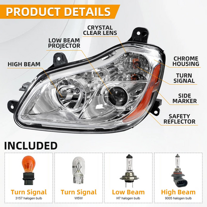 Kenworth T680 2013-2021 Chrome Headlight, Halogen Headlamp P54-6103-11000