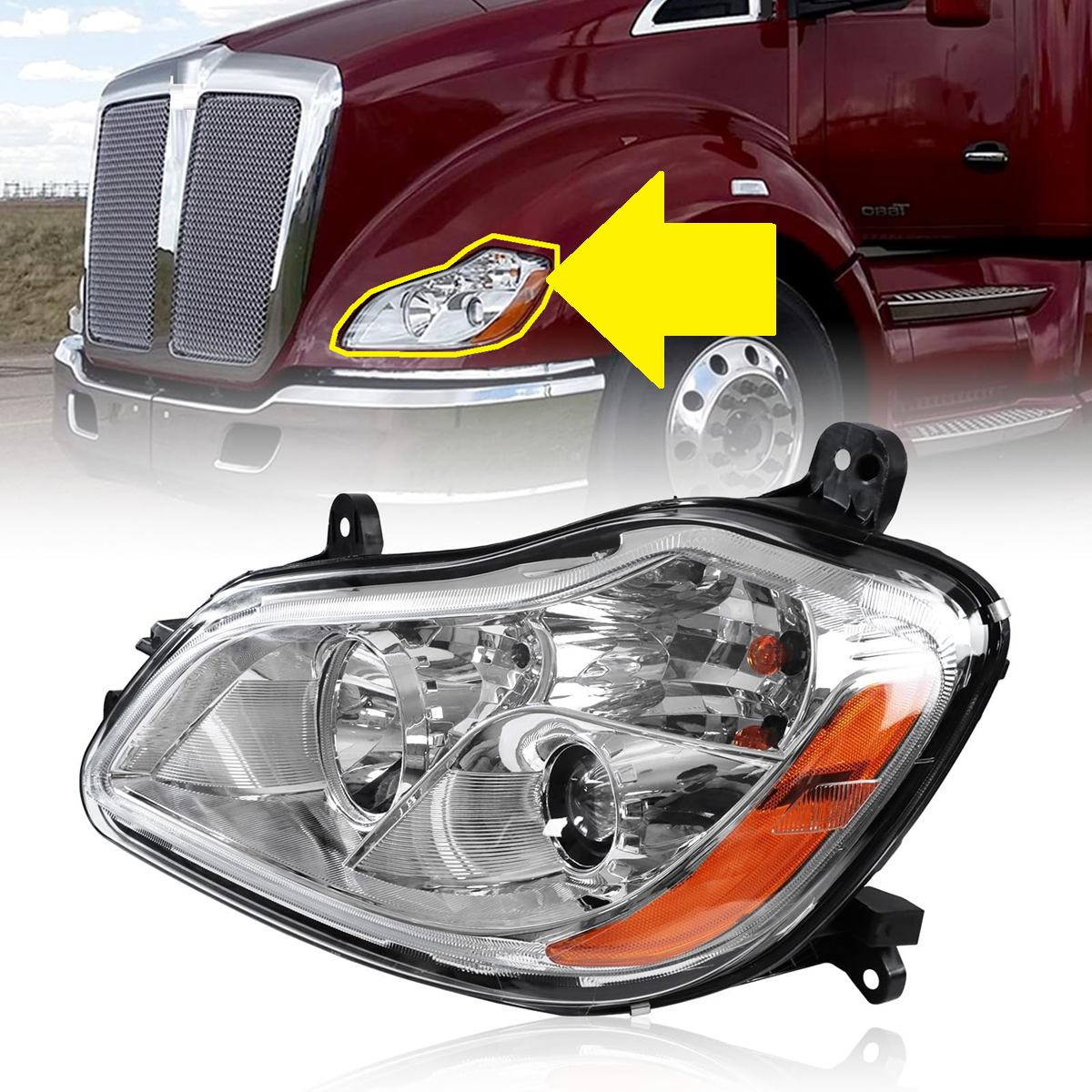 Kenworth T680 2013-2021 Chrome Headlight, Halogen Headlamp P54-6103-11000