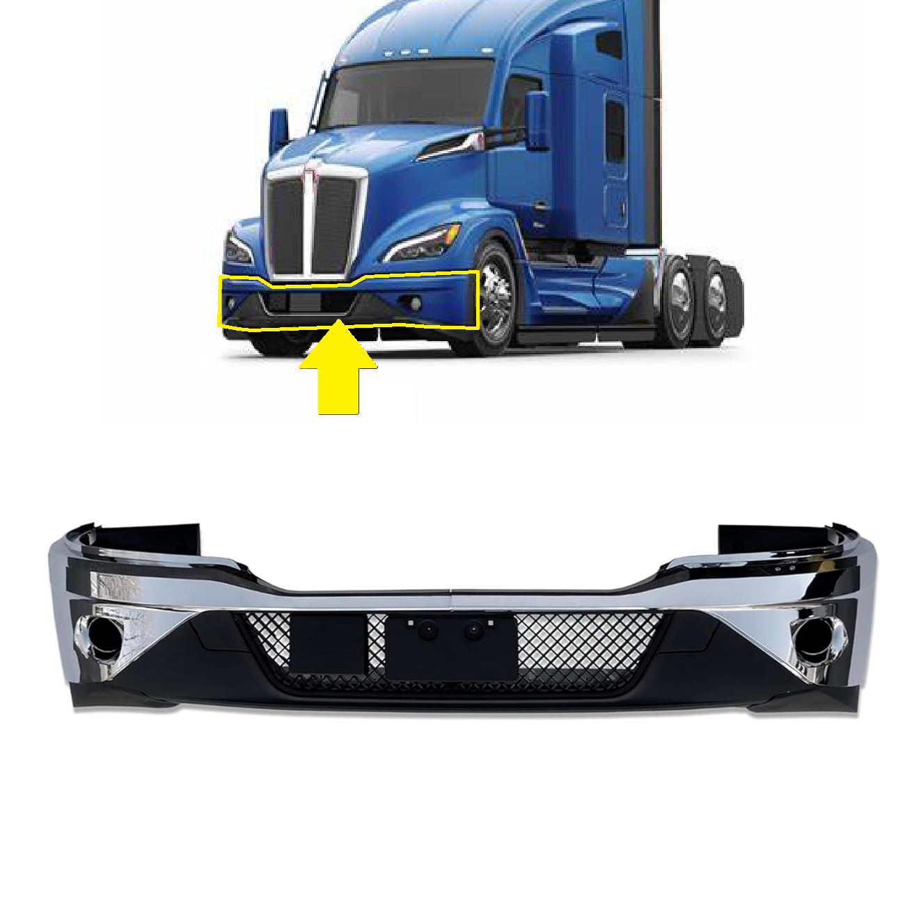 Complete Bumper with Fog Light Hole for Kenworth T680 Next Gen 2022 2023 2024+ Chrome