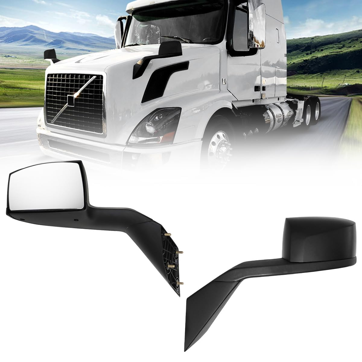 For 2004-2017 Volvo VNL Hood Mirrors Drier (LH) / Passenger (RH) Side Black