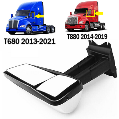 Door Mirror Assembly Power Heated with Arm for 2013-2021 Kenworth T680/T880 - Chrome/Black - Left Driver / Right Passenger Side