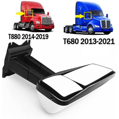 Door Mirror Assembly Power Heated with Arm for 2013-2021 Kenworth T680/T880 - Chrome/Black - Left Driver / Right Passenger Side