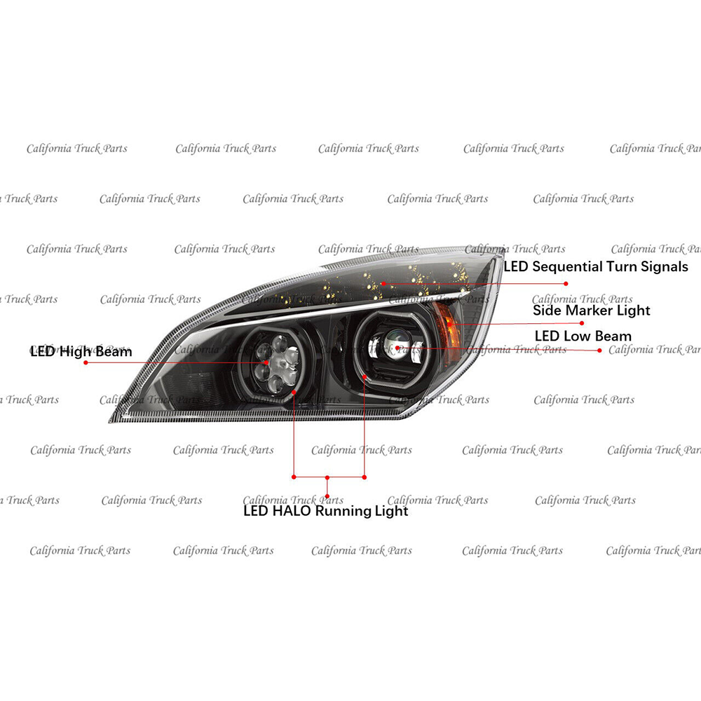 Freightliner Cascadia Full LED Chrome/Black Headlights Halo Ring DRL For 2019+