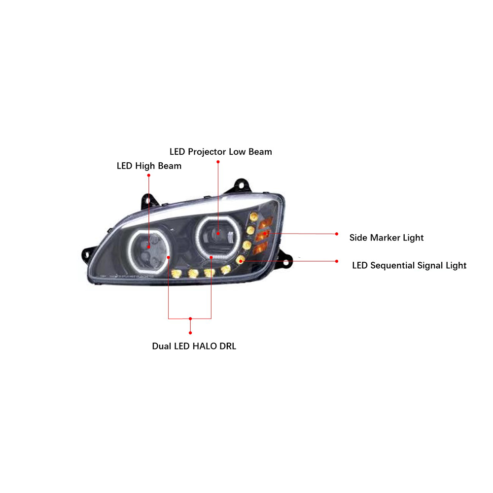 Kenworth T660 Full LED Headlight Chrome/Black Pair 2008-2017