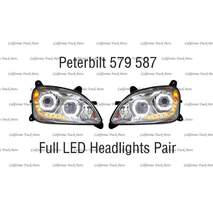 Peterbilt 579 587 Full LED Headlights Sequential Turn Signals Chrome/Black Pair 2011-2020