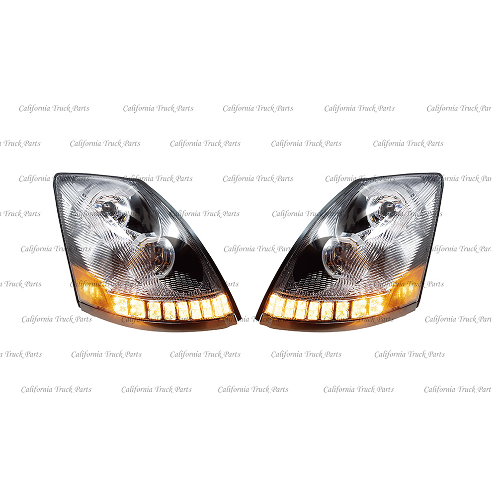 Volvo VNL Full LED Headlights Sequential Turn Signals Chrome/BLACK Pair For 2004-2017