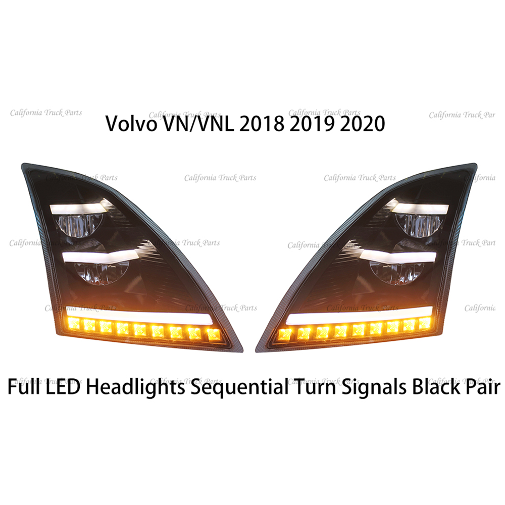 Volvo VNL Full LED Headlights Sequential Turn Signals Chrome/Black Pair For 2018+